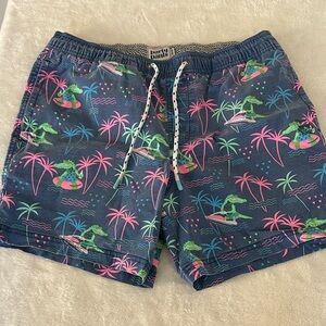 Party Pants Navy Swim Trunks with Neon Palm Trees